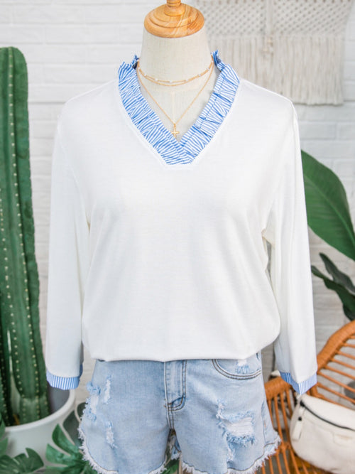 3/4 Sleeve White Top with Stripe Trim *PREORDER*