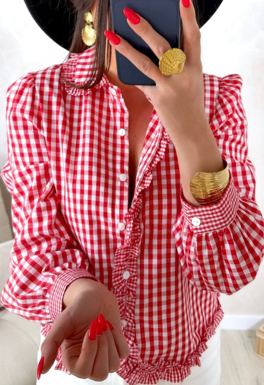 Red Gingham Ruffle Button Up Blouse *PREORDER*