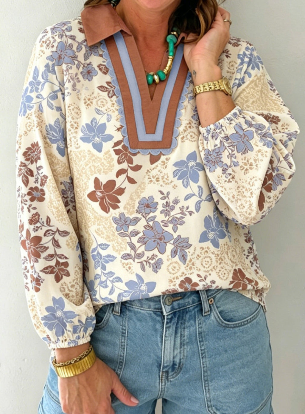 Blue/Brown Floral Long Sleeve Blouse *PREORDER*