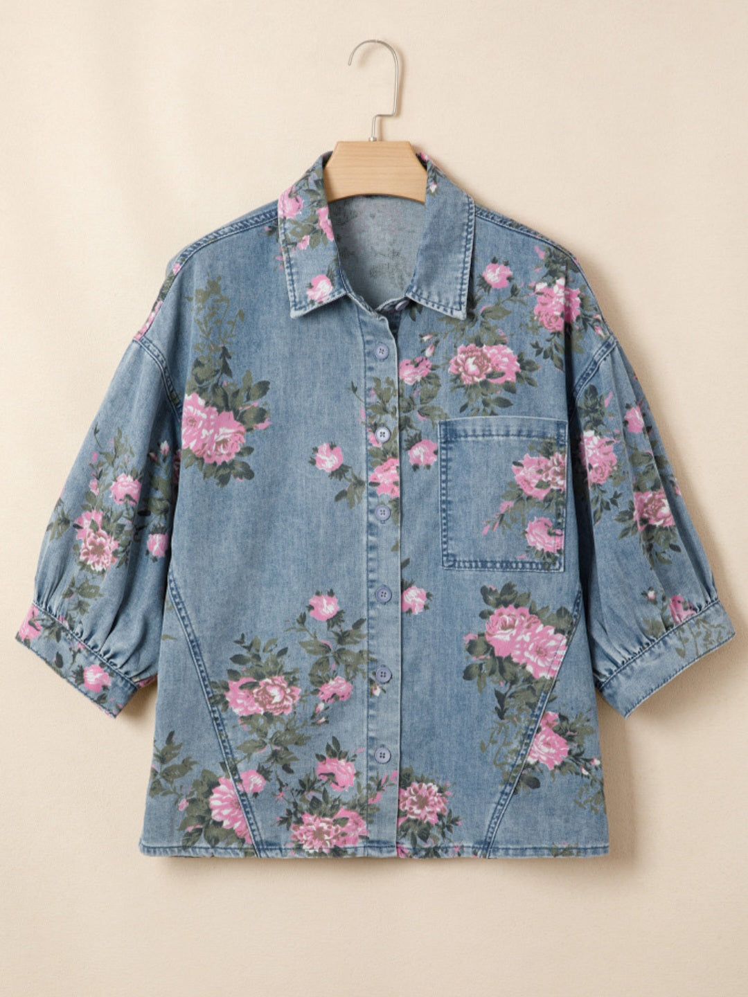 Denim Floral 3/4 Sleeve Top *PREORDER*
