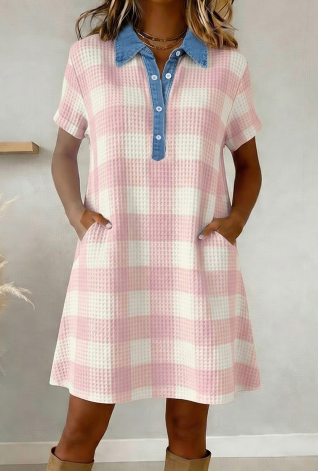 Plaid Waffle Denim Collar Dress *PREORDER*