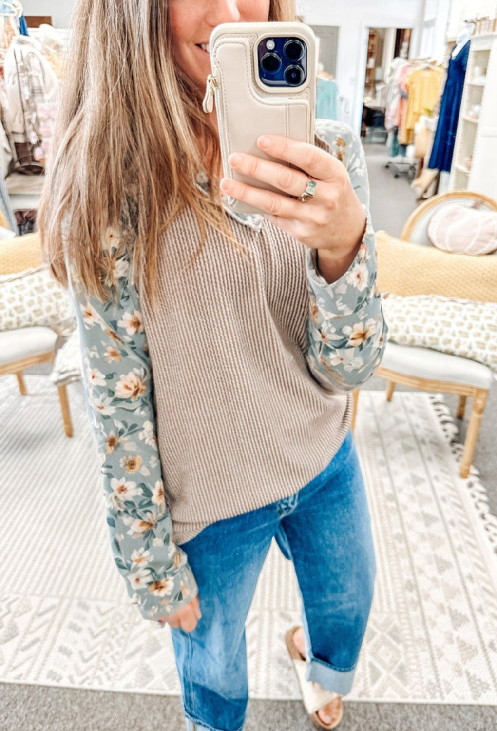 Floral Trim Raised Ribbed Top *PREORDER*