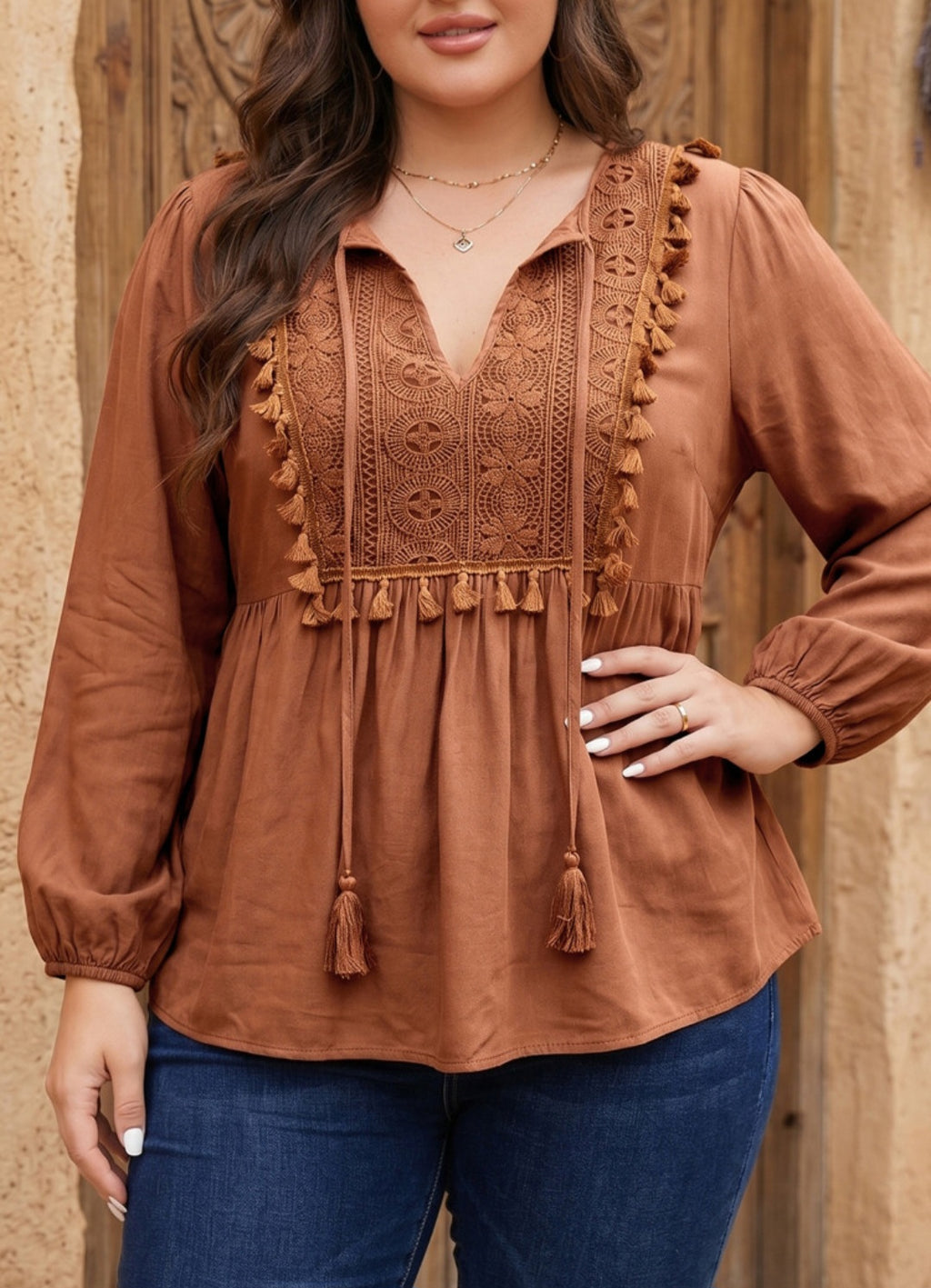 Tassel Embroidered Blouse in Chestnut 1X-4X *PREORDER*