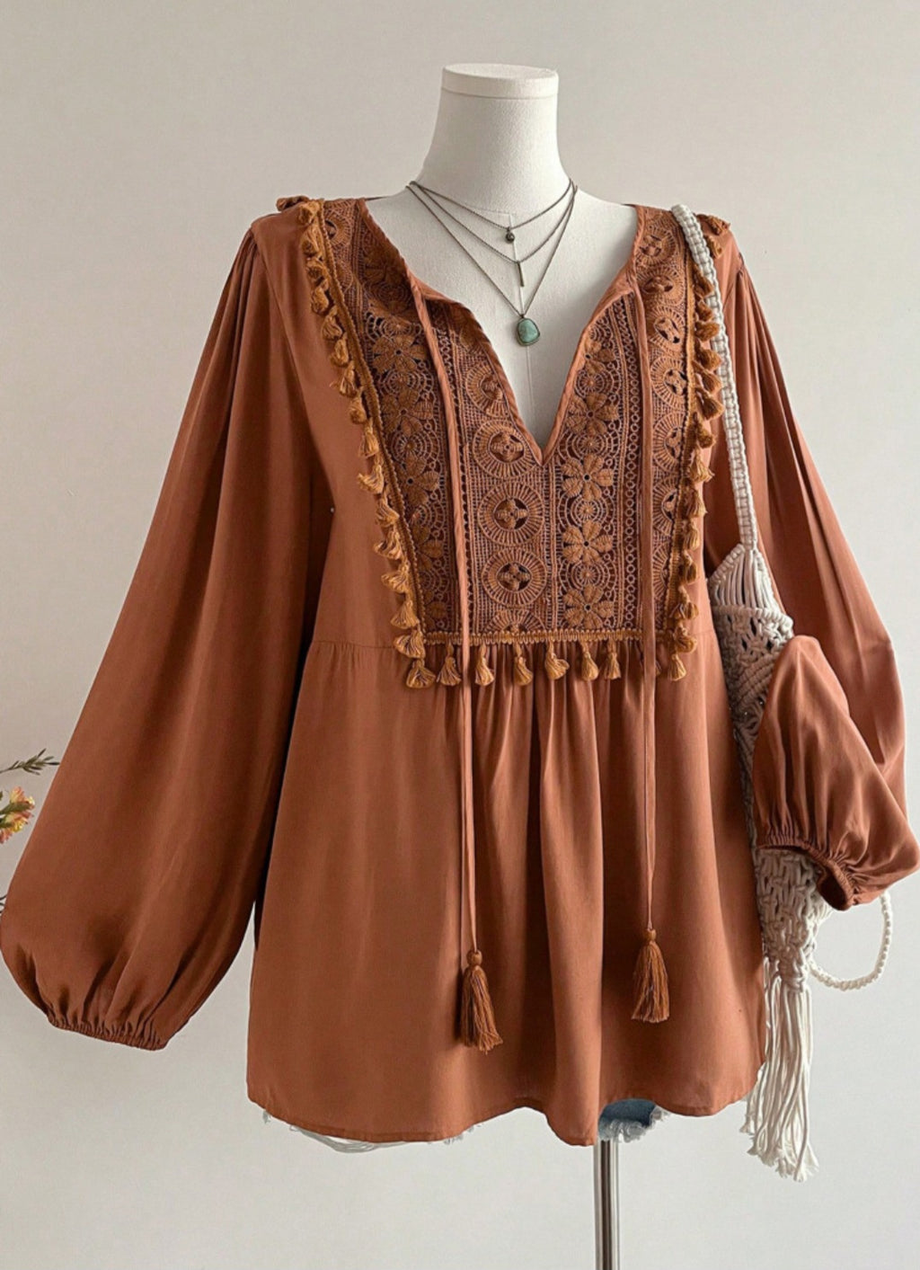 Tassel Embroidered Blouse in Chestnut 1X-4X *PREORDER*