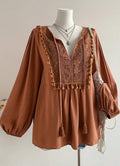 Tassel Embroidered Blouse in Chestnut 1X-4X *PREORDER*