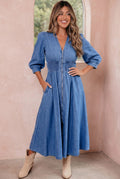 3/4 Sleeve Smocked Waist Denim Midi Dress *PREORDER*