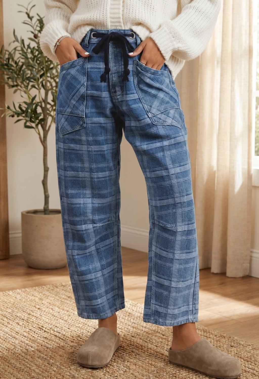 Drawstring Waist Plaid Jeans *PREORDER*