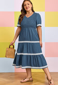 Dusky Blue Swiss Dot Smocked Bodice Midi Dress 1X-4X *PREORDER*