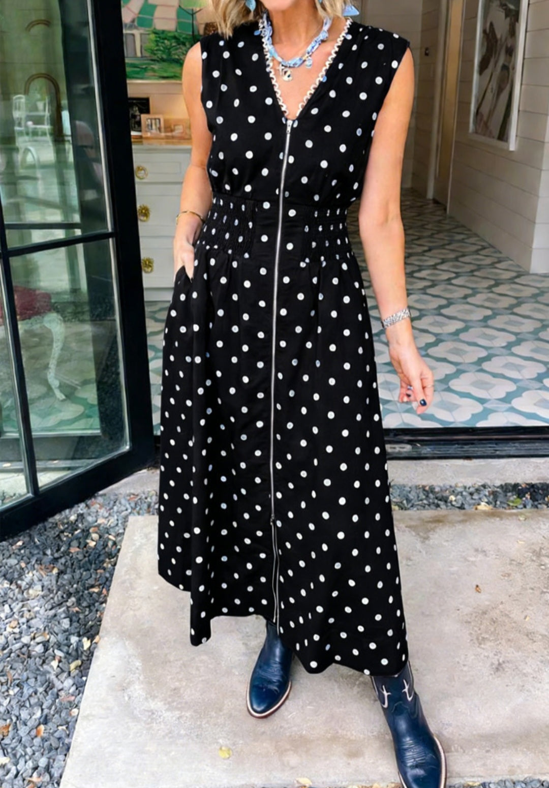 Polka Dot Smocked Waist Zip Up Maxi Dress *PREORDER*
