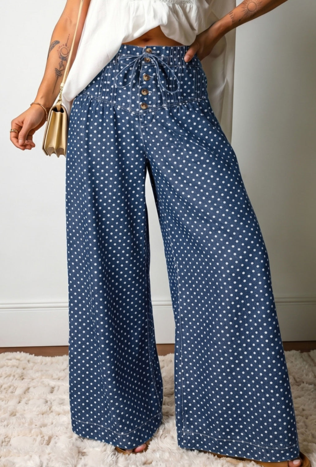 Pleated Wide Leg Polka Dot Chambray Pants *PREORDER*