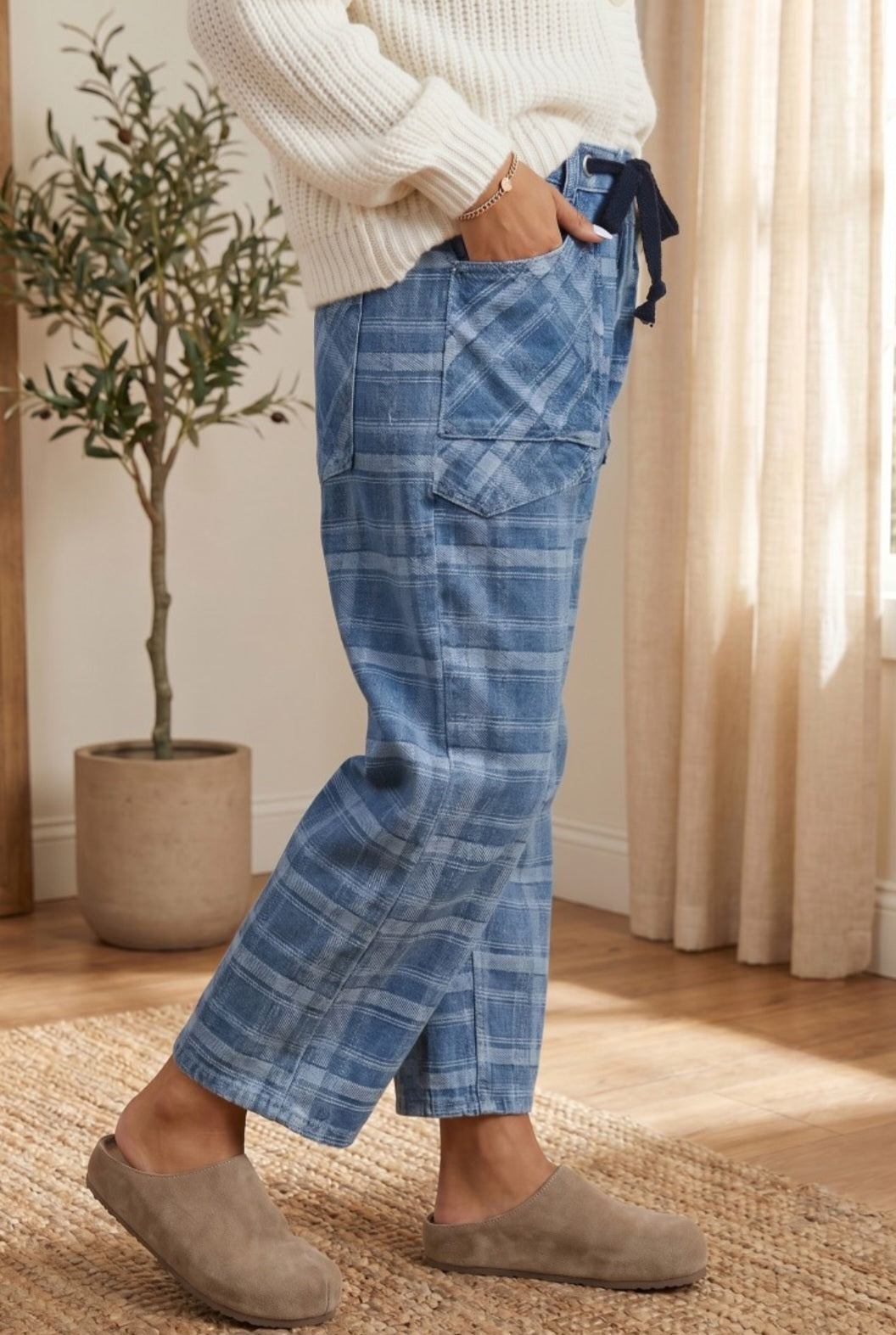 Drawstring Waist Plaid Jeans *PREORDER*