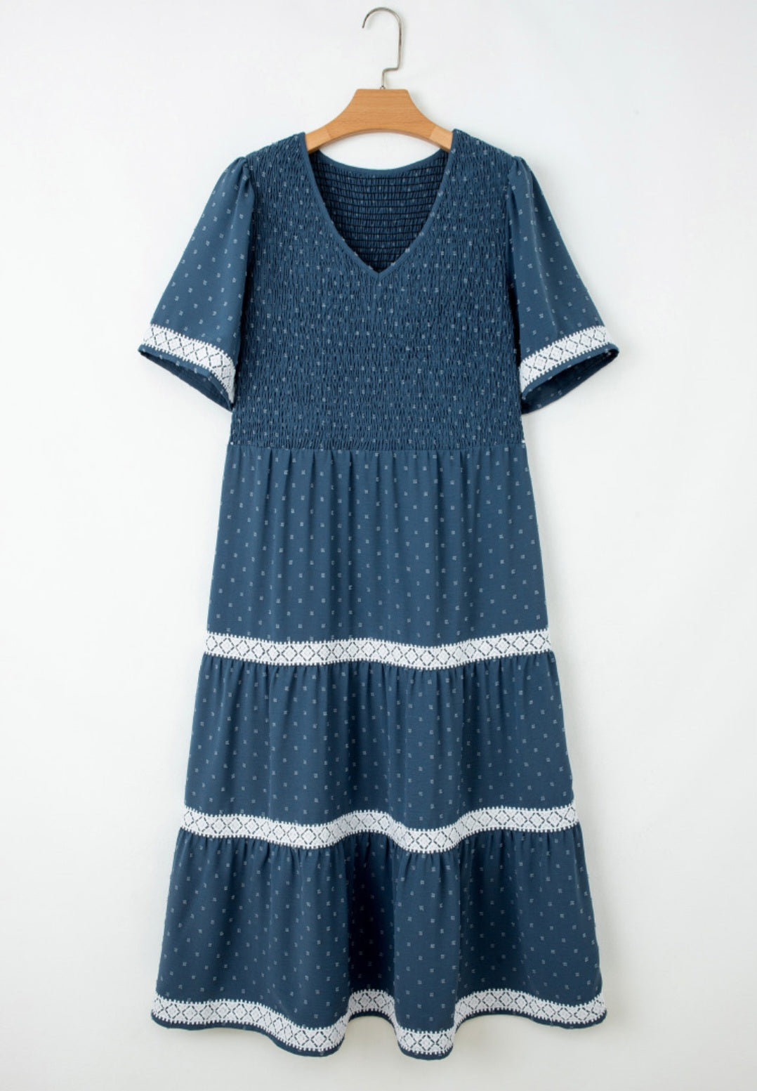 Dusky Blue Swiss Dot Smocked Bodice Midi Dress 1X-4X *PREORDER*