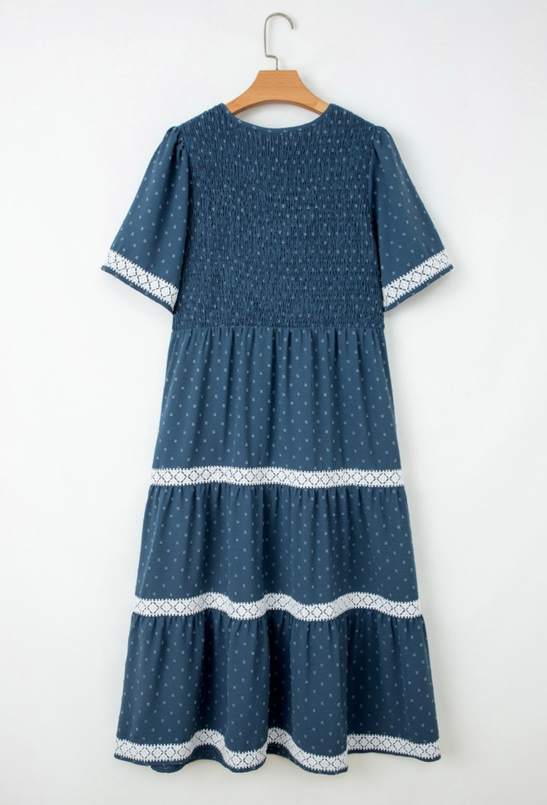 Dusky Blue Swiss Dot Smocked Bodice Midi Dress 1X-4X *PREORDER*