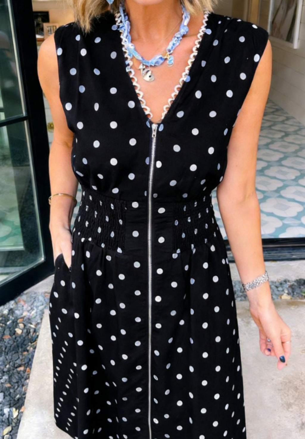 Polka Dot Smocked Waist Zip Up Maxi Dress *PREORDER*
