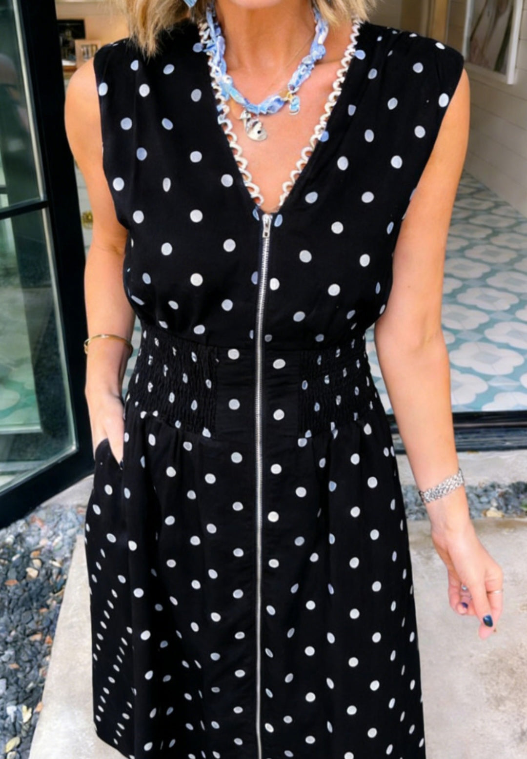 Polka Dot Smocked Waist Zip Up Maxi Dress *PREORDER*