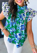 Grass Green Floral Pleated Blouse *PREORDER*