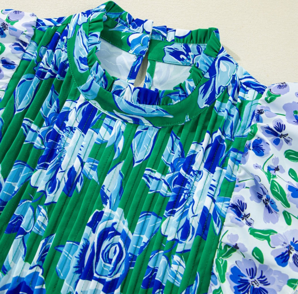 Grass Green Floral Pleated Blouse *PREORDER*