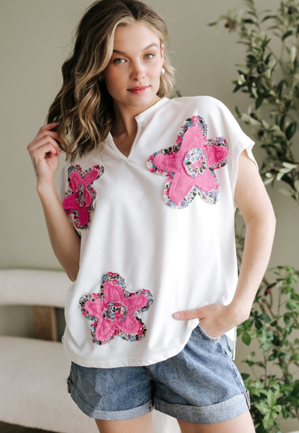 Floral Applique Notched Neck Top *PREORDER*