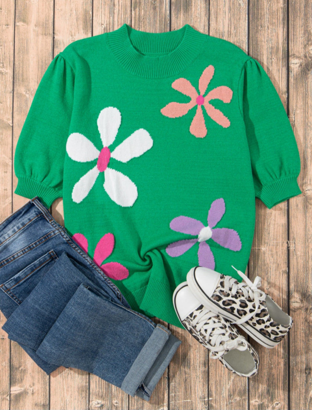 Bright Green Flower Short Sleeve Sweater *PREORDER*