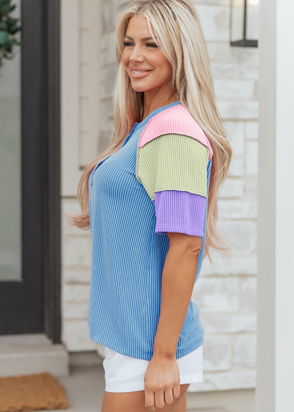 Raised Ribbed Patchwork Top Blue *PREORDER*