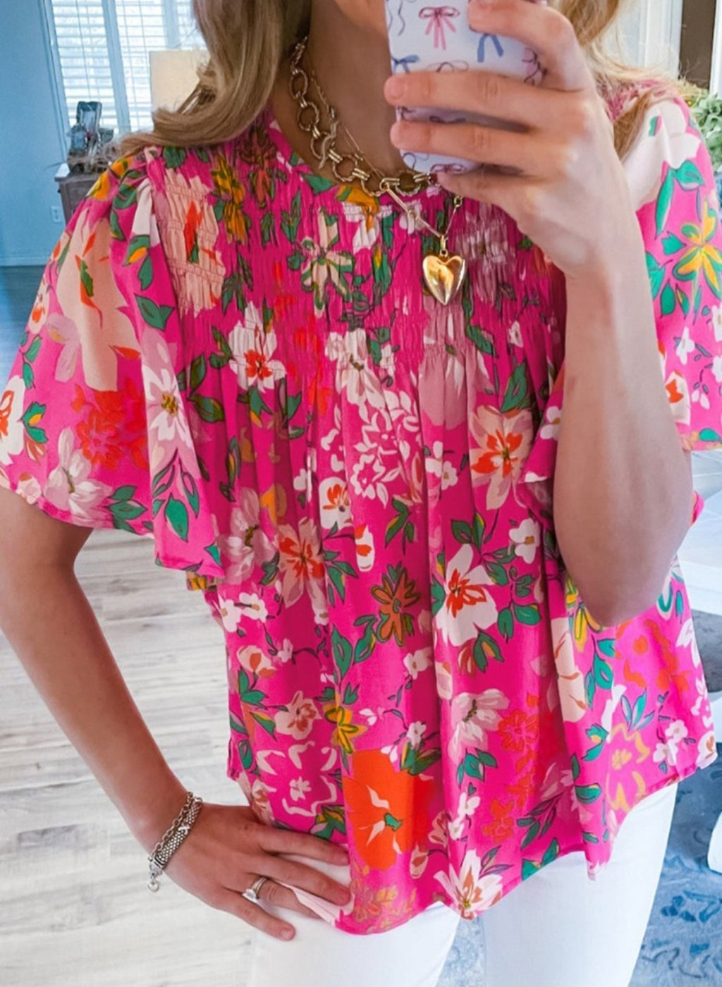 Hot Pink Floral Smocked Bodice Top *PREORDER*