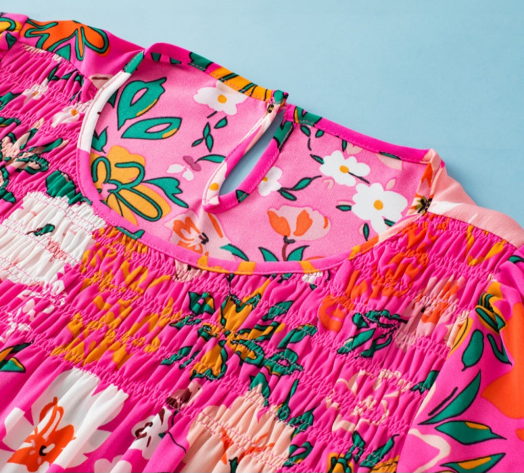 Hot Pink Floral Smocked Bodice Top *PREORDER*