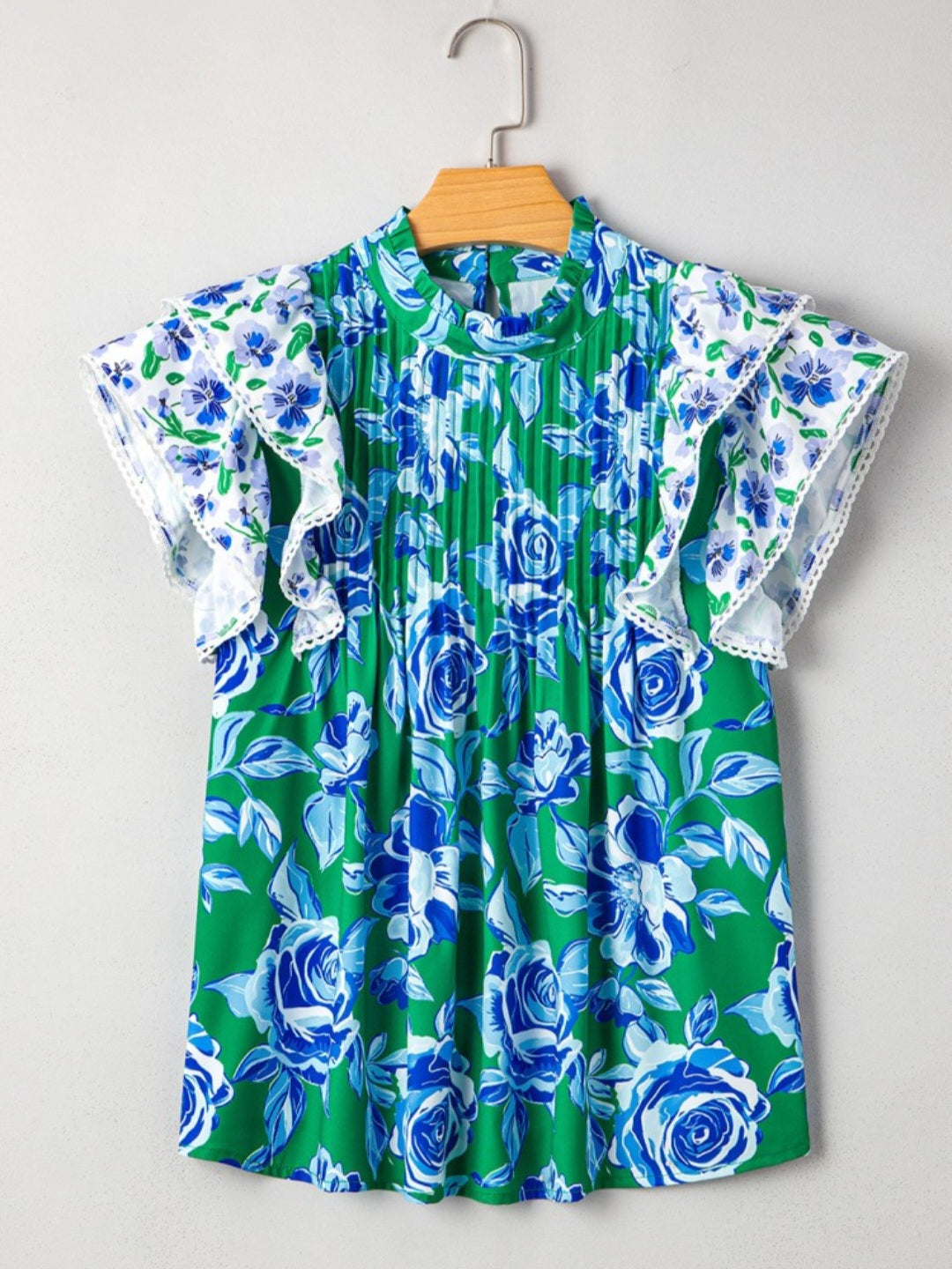 Grass Green Floral Pleated Blouse *PREORDER*