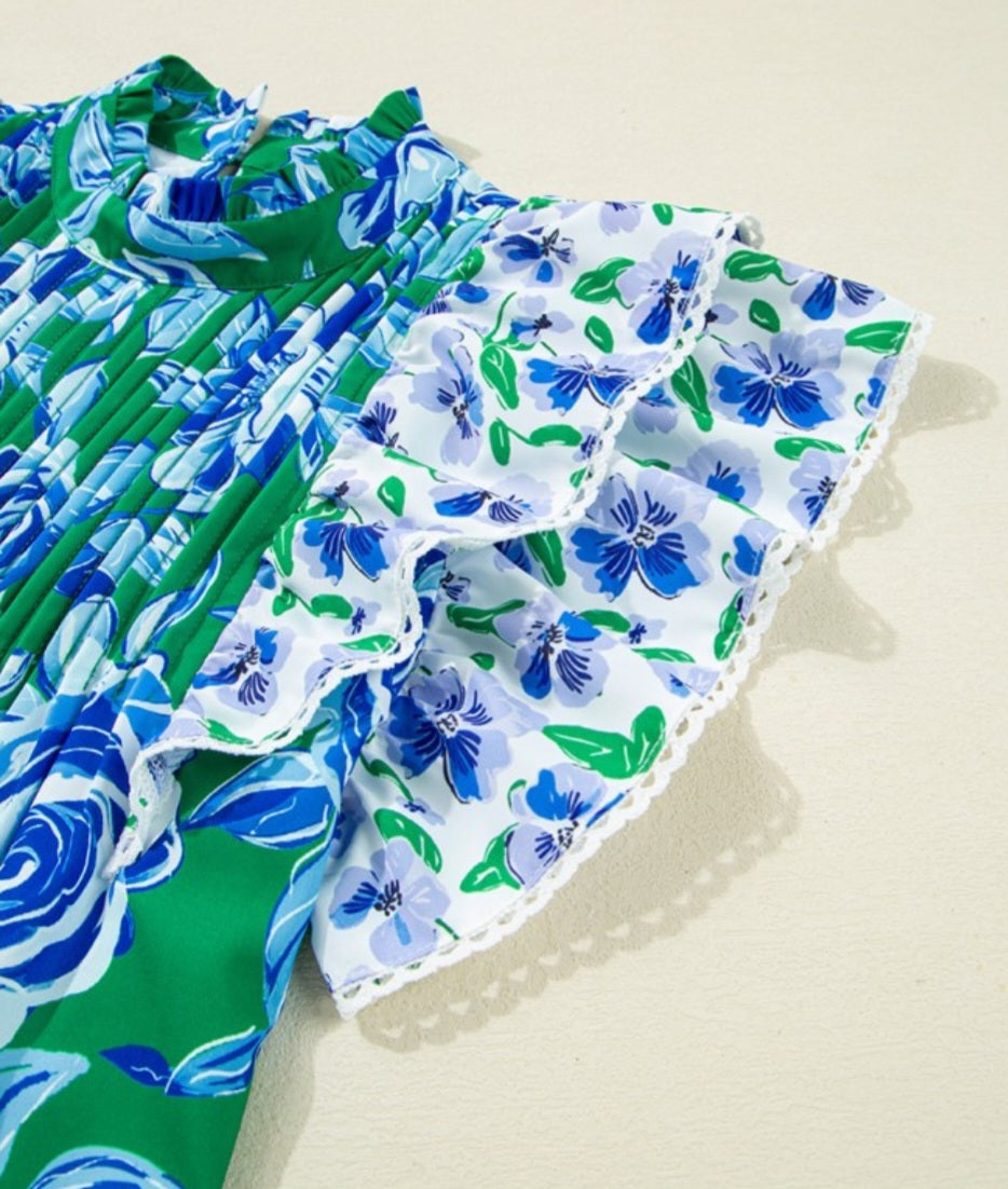 Grass Green Floral Pleated Blouse *PREORDER*