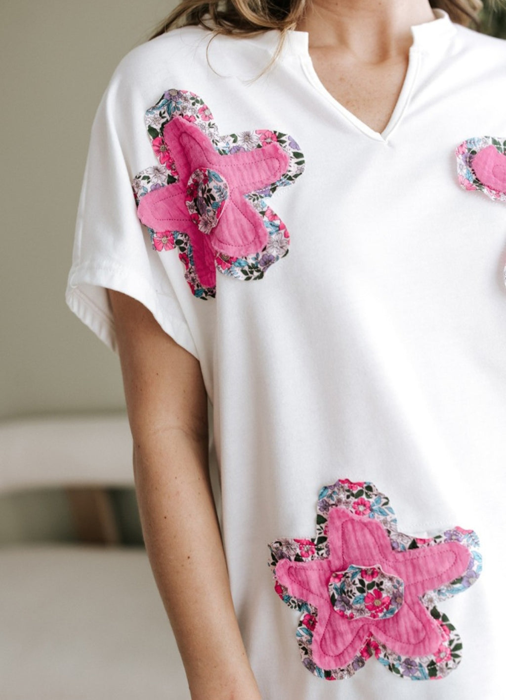 Floral Applique Notched Neck Top *PREORDER*