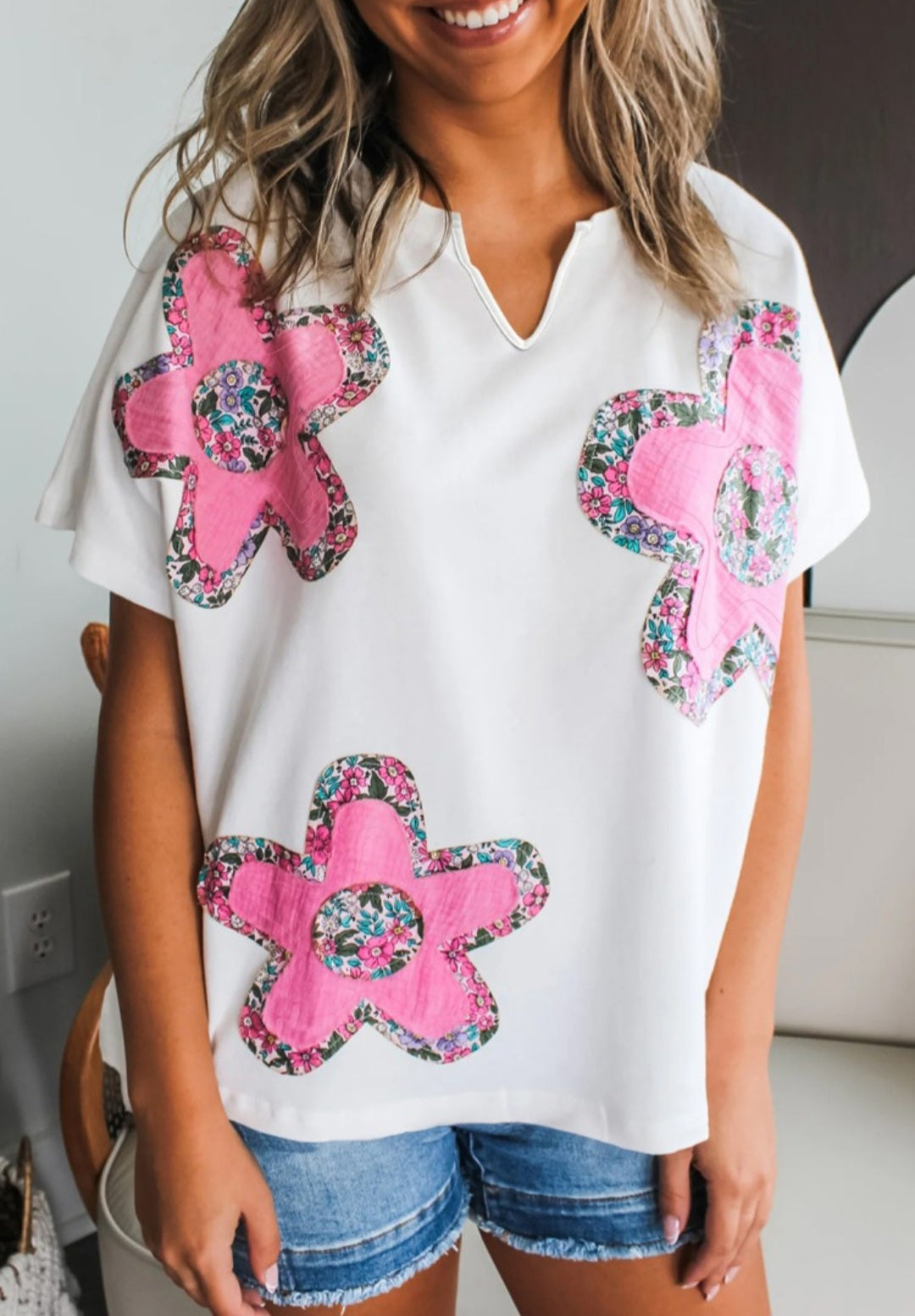 Floral Applique Notched Neck Top *PREORDER*