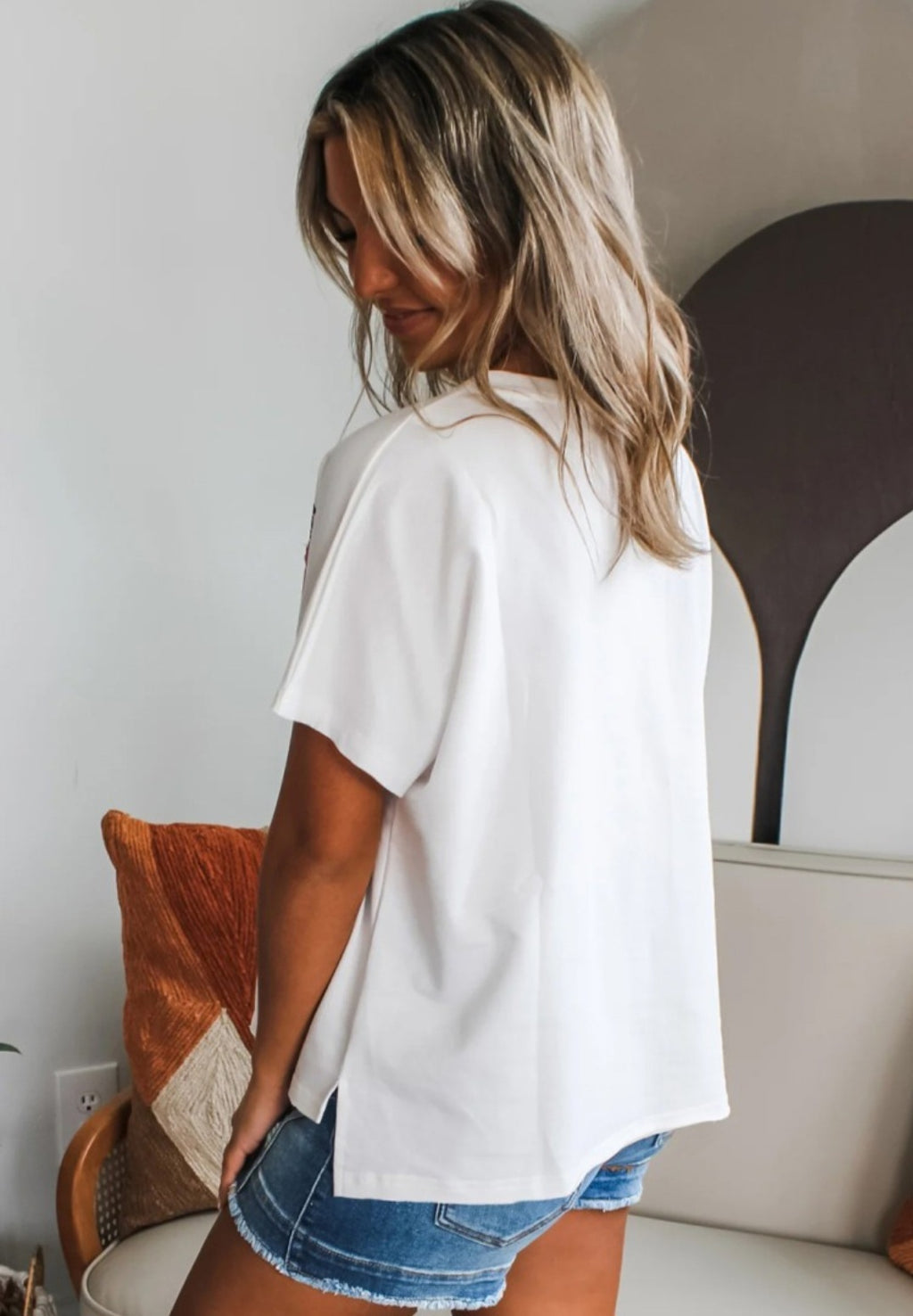 Floral Applique Notched Neck Top *PREORDER*