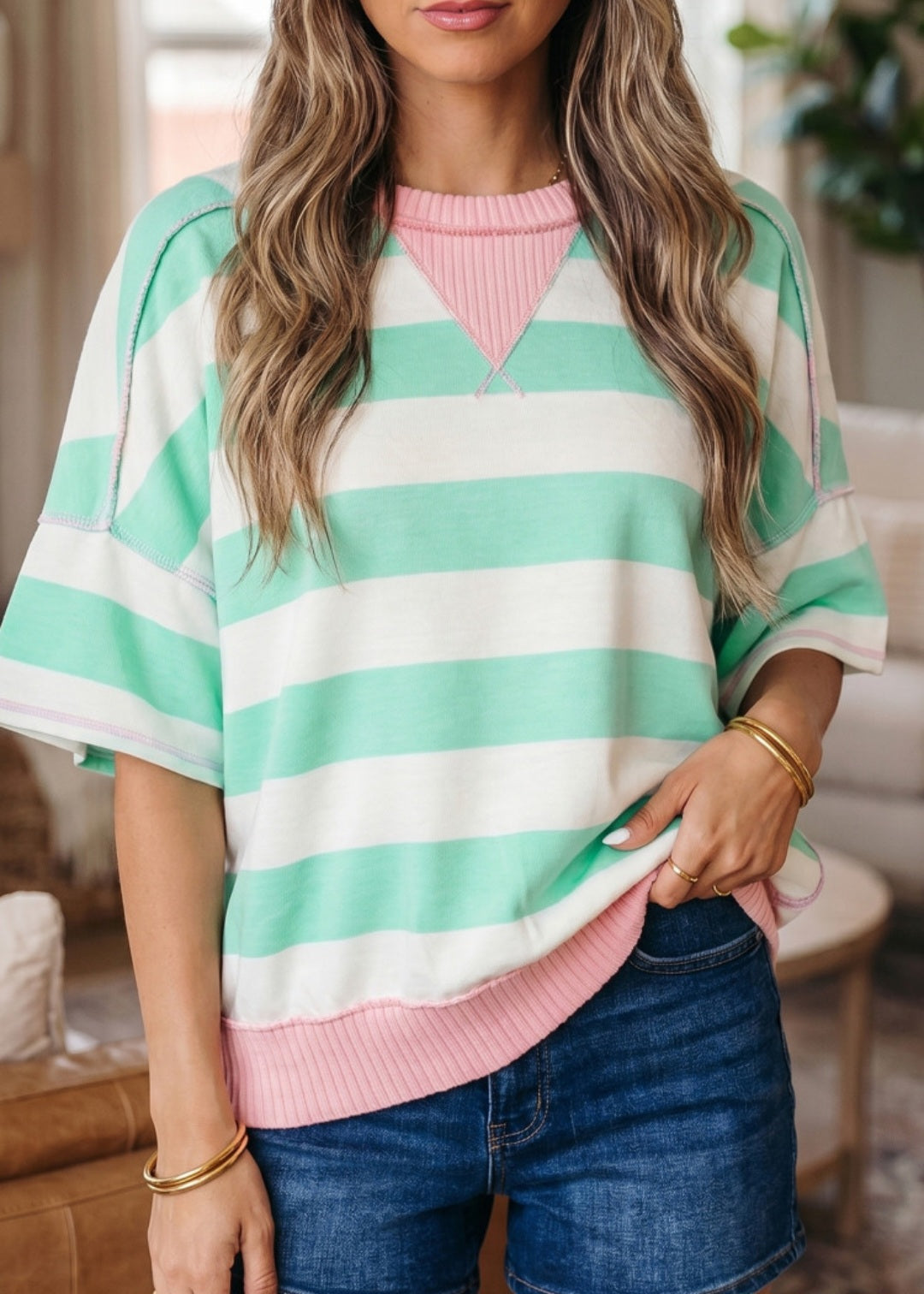 Exposed Seam Mint Stripe Top *PREORDER*