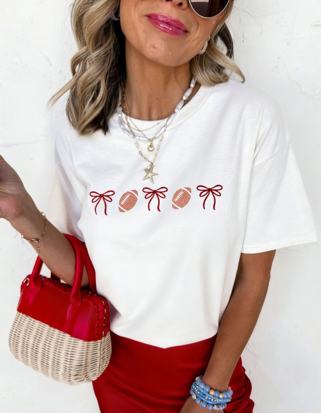 Embroidered Football Bows Tri-Blend Tee *PREORDER*