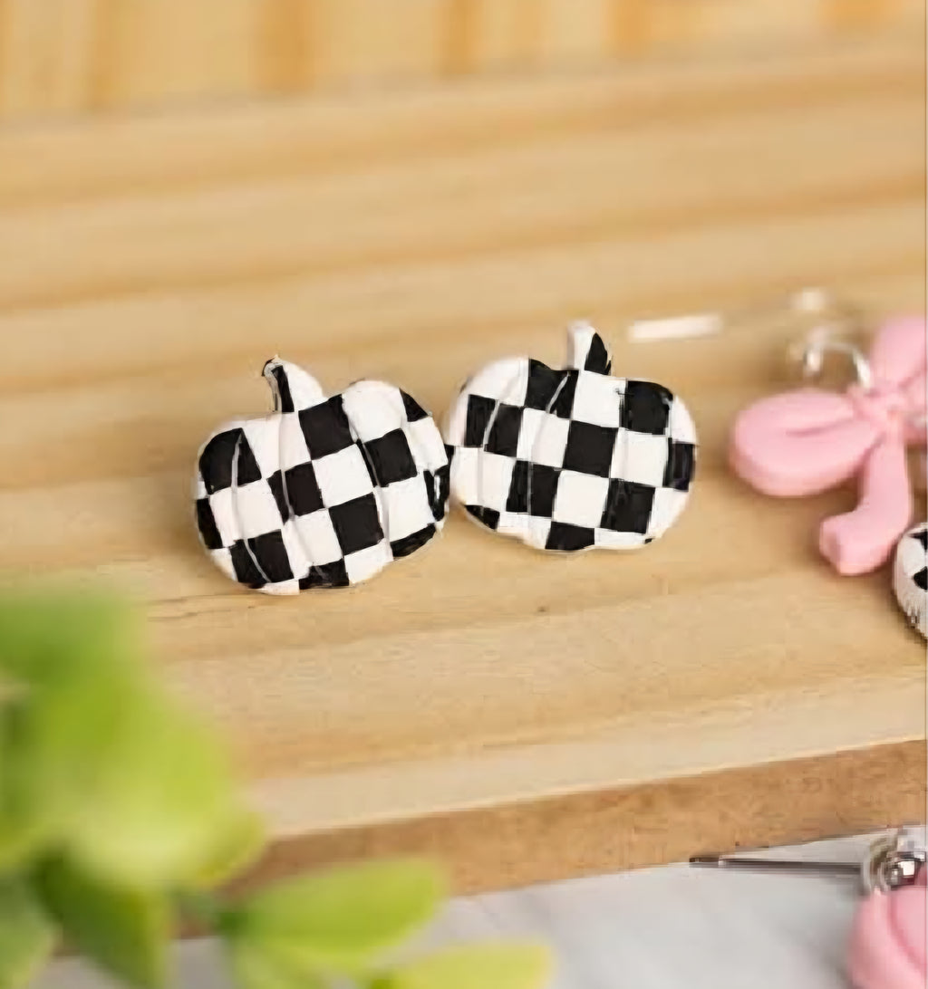 Checkered Pumpkin Stud Earrings