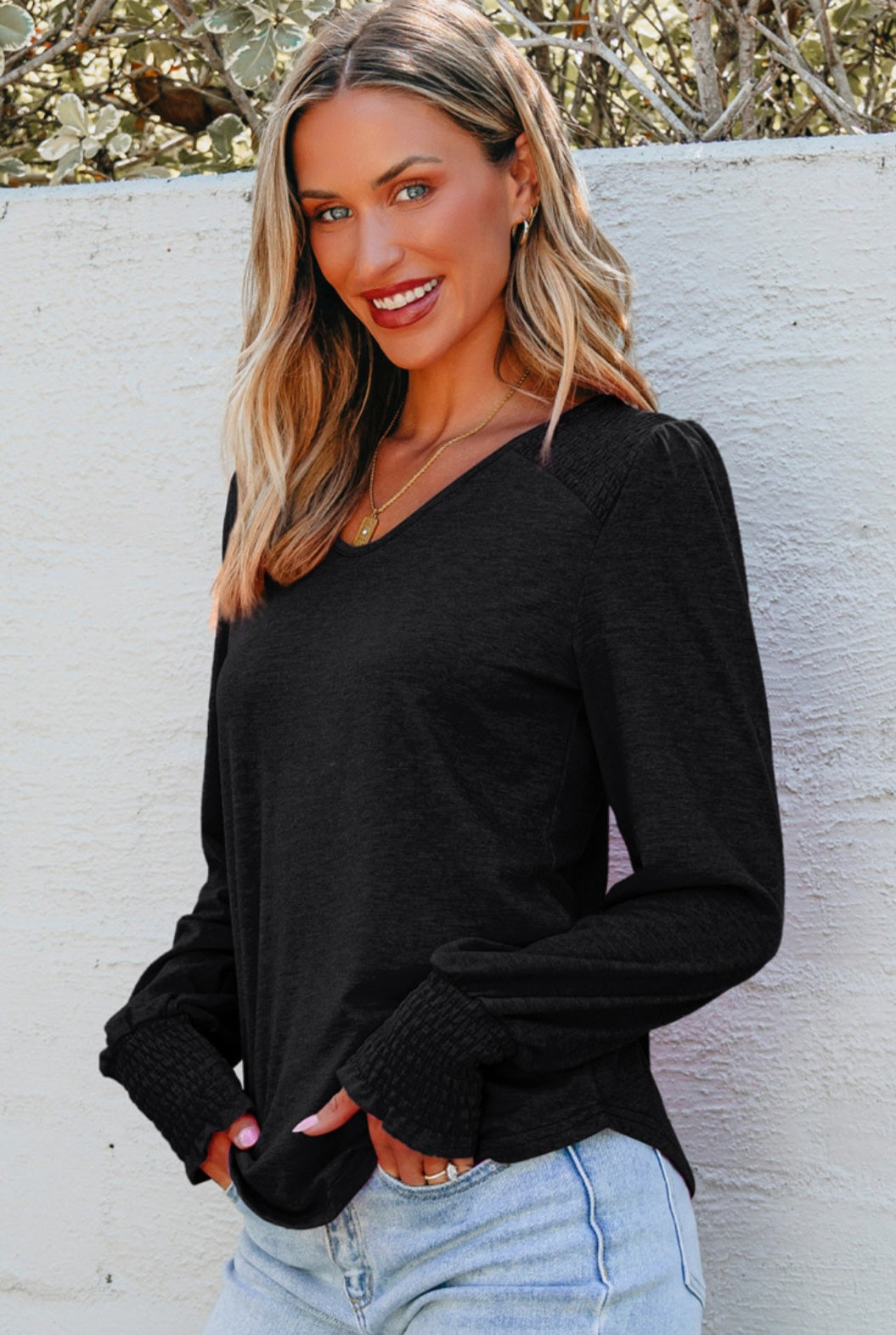 Smocked Shoulder LS Top Black *PREORDER*
