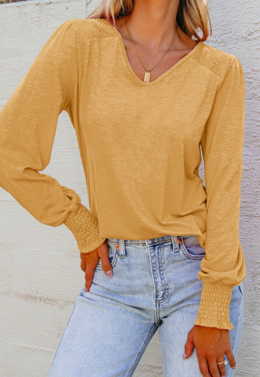 Smocked Shoulder LS Top Maize *PREORDER*
