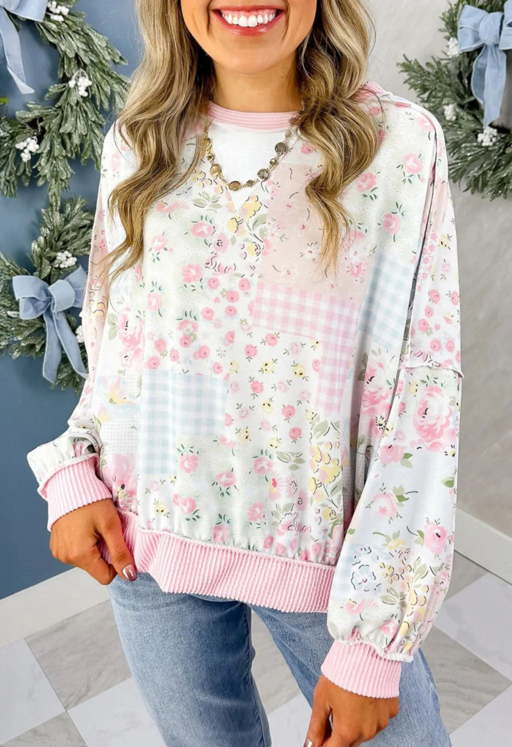 Patchwork Print Ribbed Back Pullover *PREORDER*