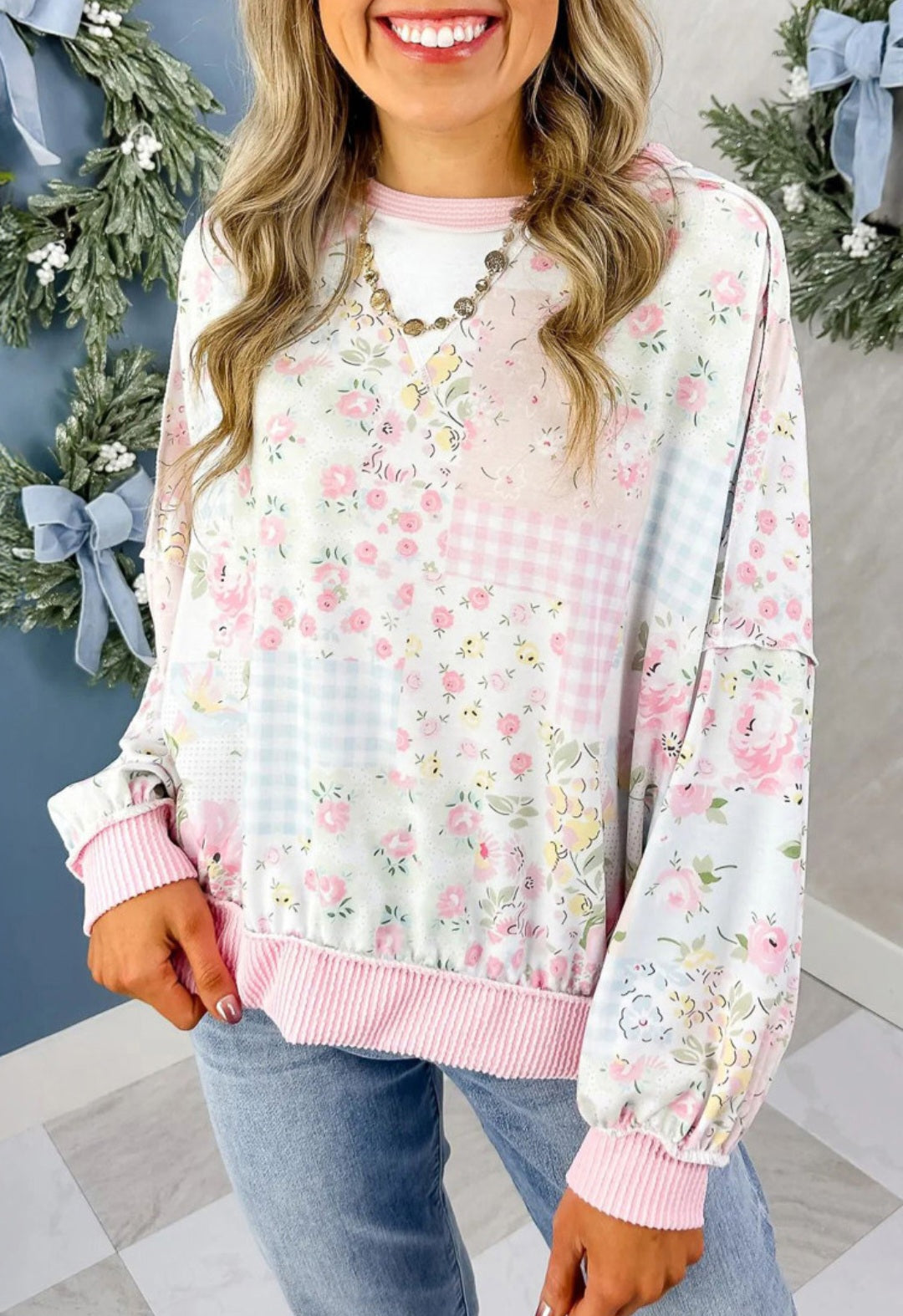 Patchwork Print Ribbed Back Pullover *PREORDER*
