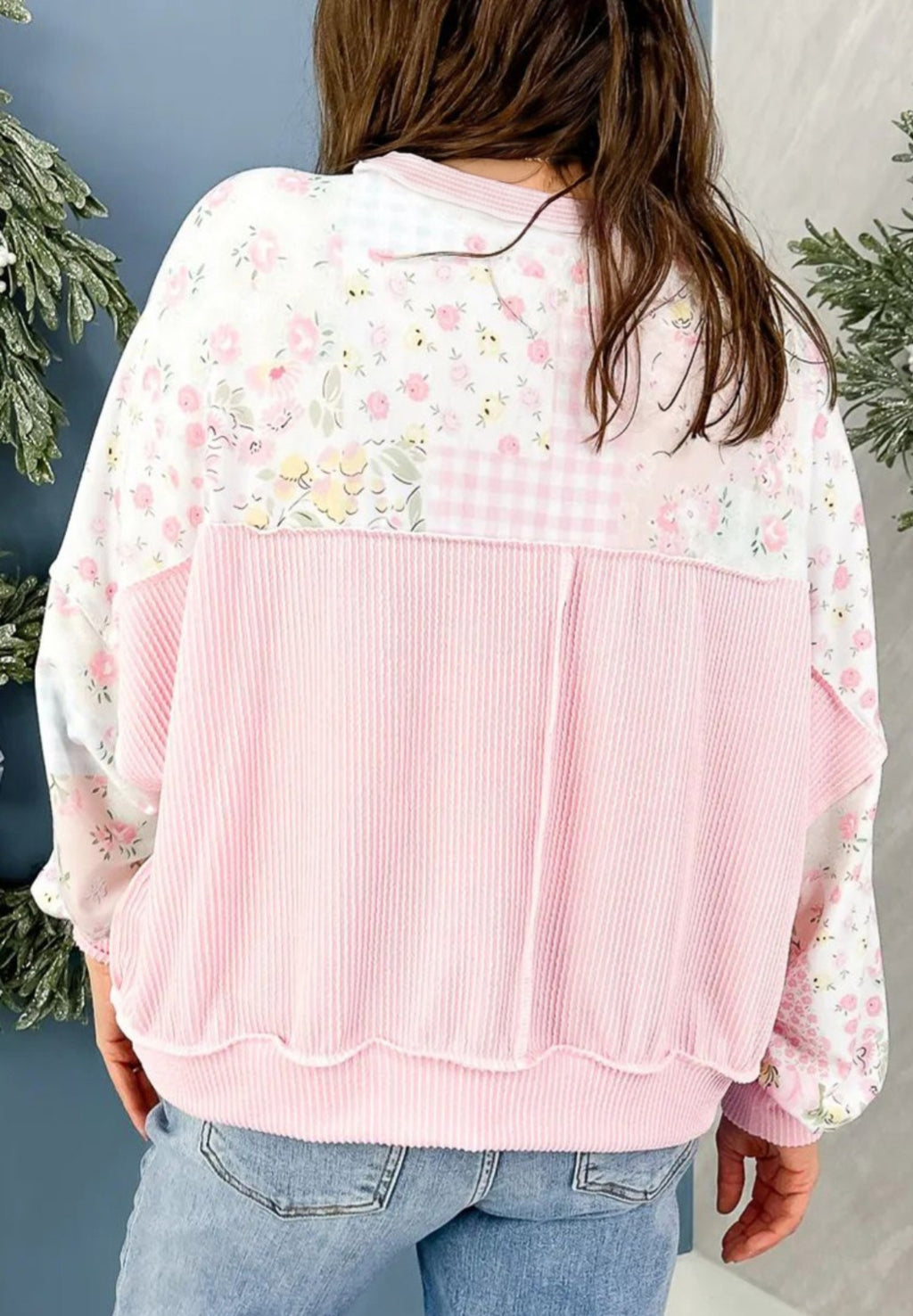 Patchwork Print Ribbed Back Pullover *PREORDER*