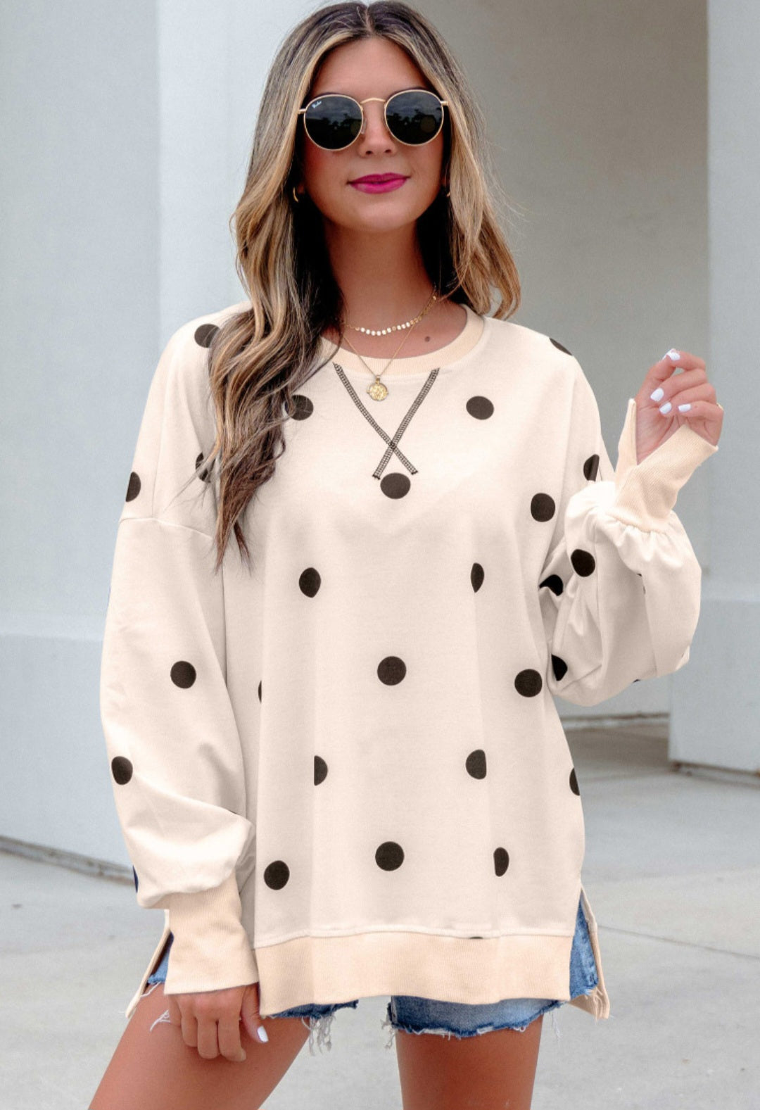 Beige Polka Dot Split Hem Tunic *PREORDER*