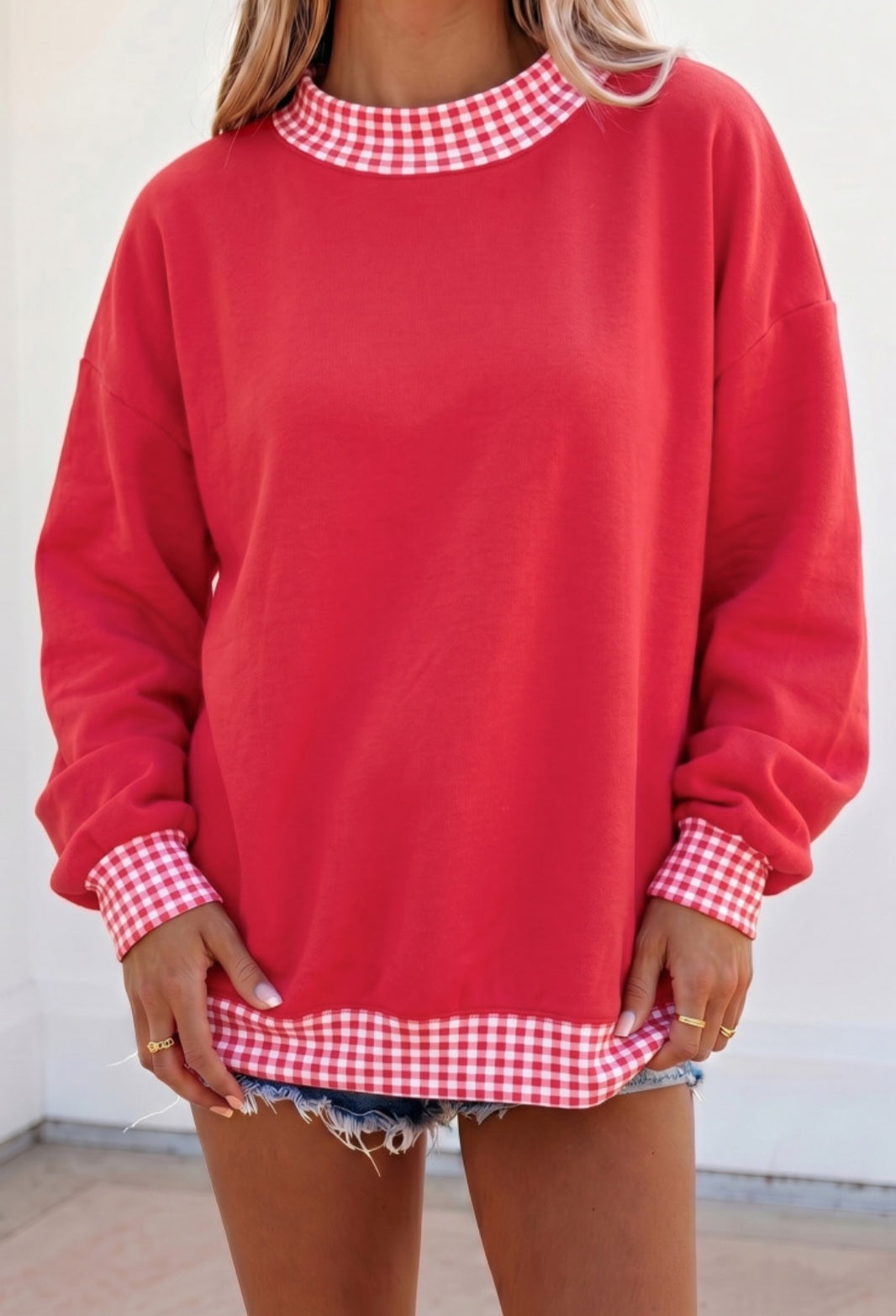 Gingham Mock Neck Pullover Red *PREORDER*