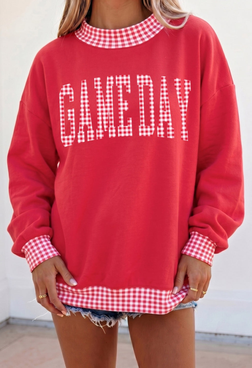 Gingham Mock Neck Game Day Pullover Red *PREORDER*