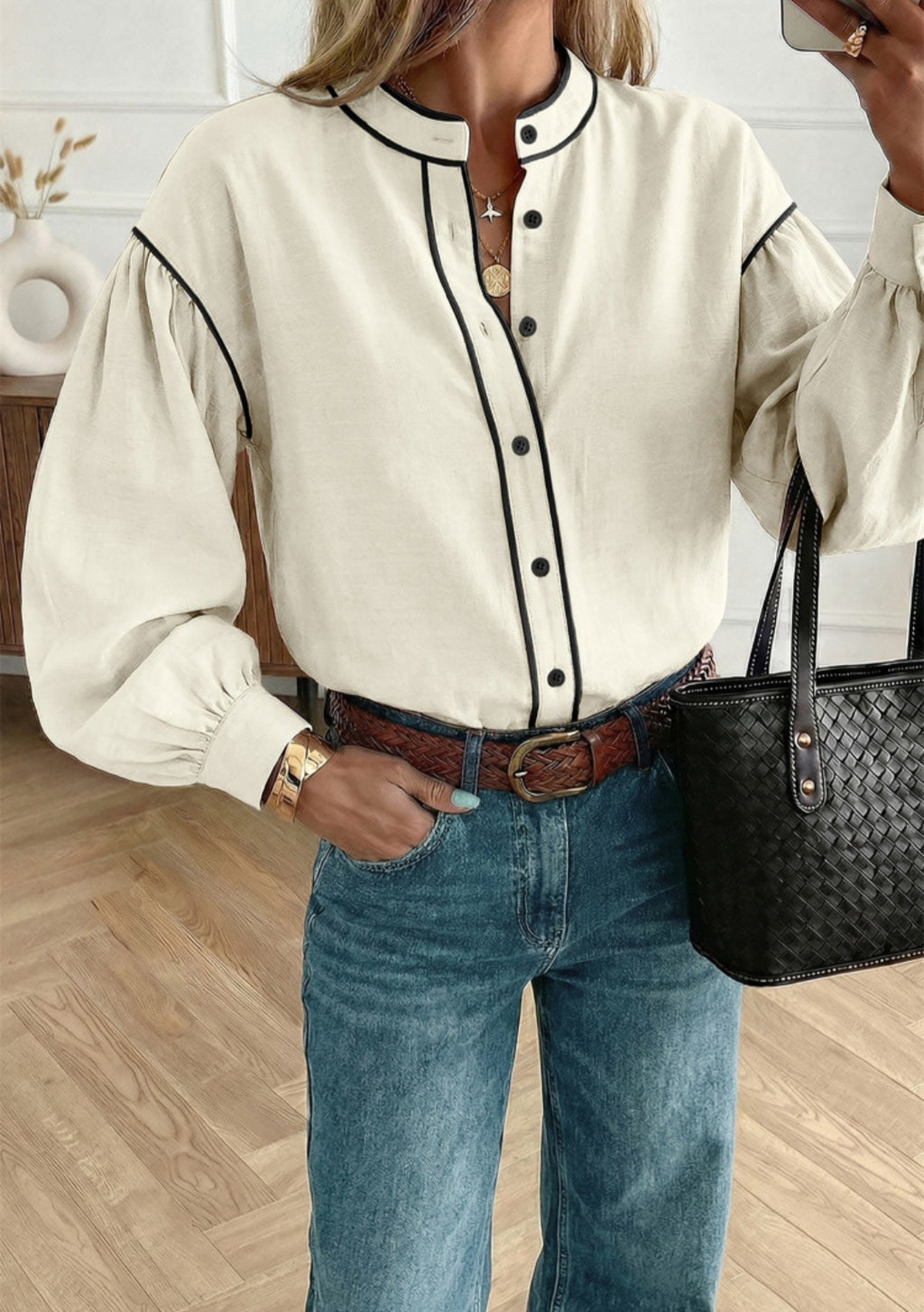 Contrast Piping Button Up Blouse *PREORDER*