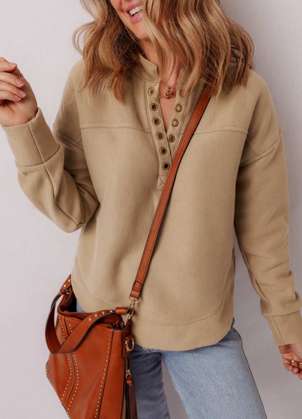 Grommet Neckline French Beige Sweatshirt *PREORDER*