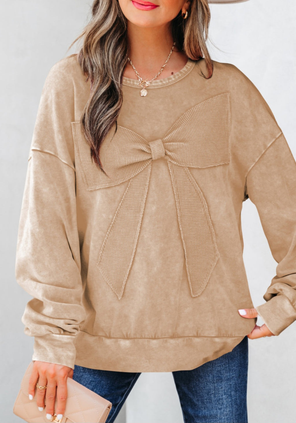 Mineral Wash Waffle Bow Applique Pullover Tan *PREORDER*