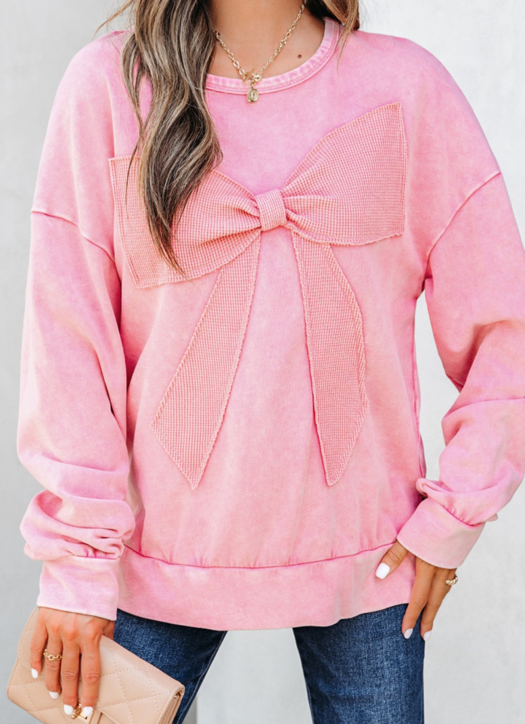 Mineral Wash Waffle Bow Applique Pullover Pink *PREORDER*
