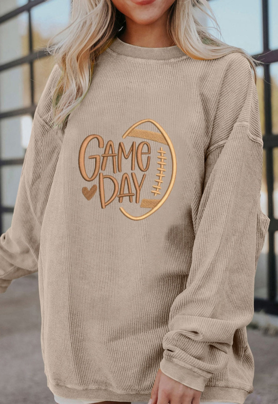 Embroidered Tan Corded Oversized Pullover *PREORDER*