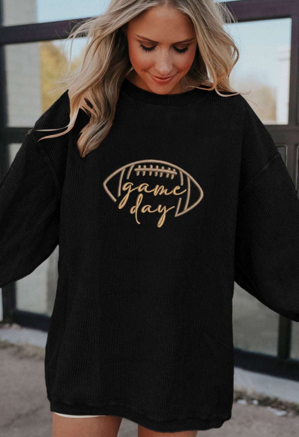Embroidered Black Corded Oversized Pullover *PREORDER*