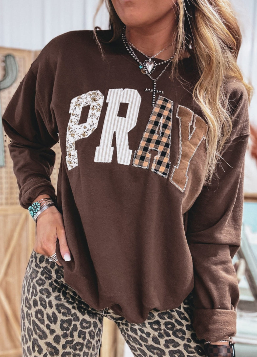 Applique PRAY Brown Pullover *PREORDER*
