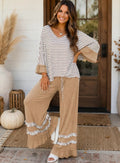 Stripe Top Ruffle Pant 2 Pc Set Tan *PREORDER*